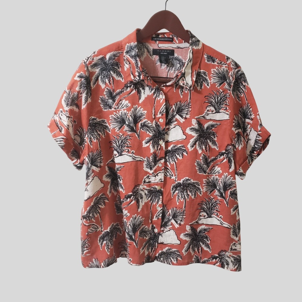 Tahari 100% Linen Palm Tree Tropical Button Up Shirt Brick Red‎ XL
